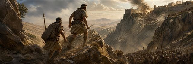 Jonathan and his armor-bearer climbing a rocky pass toward Philistine troops